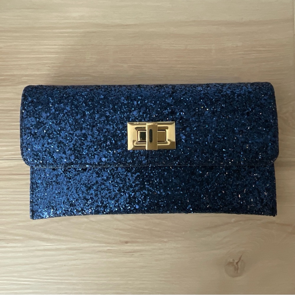 Estee Lauder Navy Blue Glitter Clutch with Gold-Tone Turn Lock